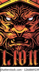 Graphic detailed decorative orange angry lion head with text. Vector background.