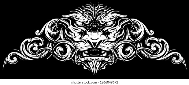 Graphic detailed decorative white lion head with ornate. On black background. Vector icon.