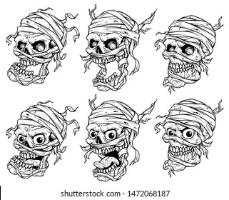 Graphic detailed realistic black and white scary egyptian mummy skulls with eyes, teeth and bandage. Isolated on white background. Vector icon set.