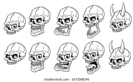 Graphic detailed realistic black and white scary human skulls with devil horns, tongue and angry eyes. Isolated on white background. Vector icon set.