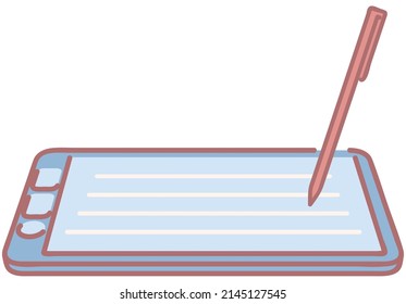 Graphic digitizing tablet and pen for entering information. Device for entering different handwritten symbols directly into computer. Touchscreen gadget with stylus isolated on white background