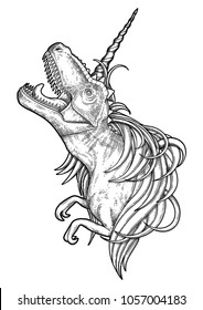 Graphic Dinocorn. Roaring tyrannosaurus with unicorn horn and mane drawn in engraving technique. Side view. Vector conceptual art