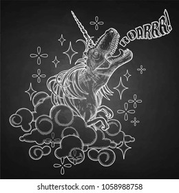 Graphic Dinocorn. Roaring tyrannosaurus with unicorn horn and mane surrounded by fantasy clouds and sparkles. Side view. Vector conceptual art drawn in engraving technique