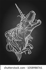 Graphic Dinocorn. Roaring tyrannosaurus with unicorn horn and mane drawn in engraving technique. Side view. Vector conceptual art