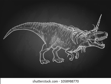 Graphic Dinocorn. Roaring tyrannosaurus with unicorn horn and mane drawn in engraving technique. Side view. Vector conceptual art