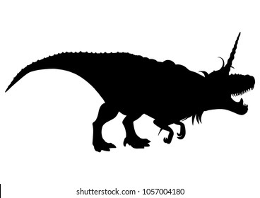 Graphic Dinocorn. Silhouette of roaring tyrannosaurus with unicorn horn and mane. Side view. Vector conceptual art