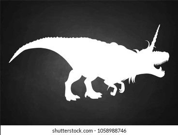 Graphic Dinocorn. Silhouette of roaring tyrannosaurus with unicorn horn and mane. Side view. Vector conceptual art