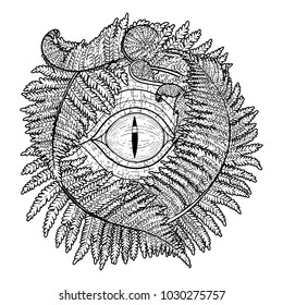 Graphic dinosaur looking out with one eye from behind fern bushes. Vector prehistoric illustration in engraving technique. Coloring book page design