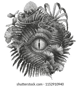 Graphic dinosaur looking out with one eye from behind prehistoric bushes. Vector prehistoric illustration drawn in stippling technique.