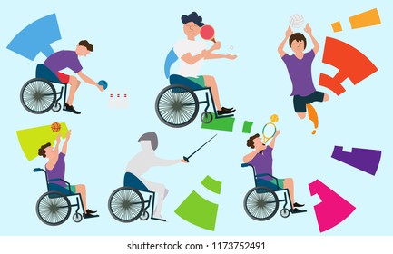 Graphic Of Disabled Athletes Sport Symbol Competition Flat Vector Illustration 2018 Player.Logo Emblem vector For Banner Flyer Brochure. Para sport celebration game party 3rd on Asia.
