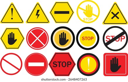 A graphic display of multiple safety and traffic signs, including stop signs, warning symbols, and prohibition icons in yellow, red, and black colors.