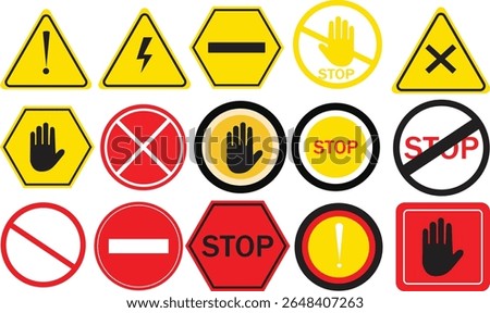 A graphic display of multiple safety and traffic signs, including stop signs, warning symbols, and prohibition icons in yellow, red, and black colors.