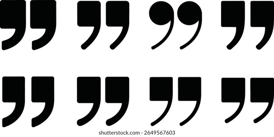 A graphic display showcasing multiple distinct styles of quotation marks, presented in solid black against a clean white backdrop for clear visibility.