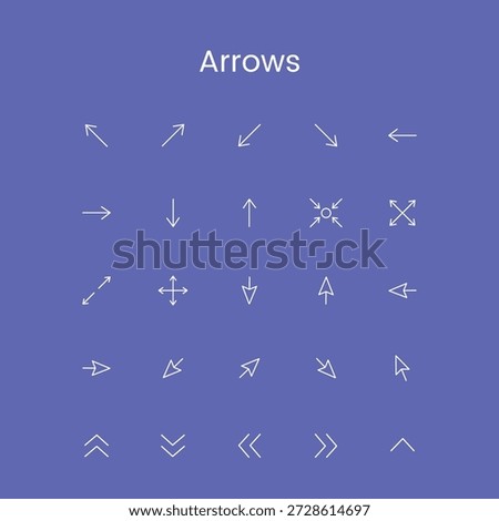 A graphic display of various white line-art arrow icons, including directions, cursors, and expand symbols, arranged on a solid purple backdrop.