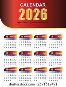 Un gráfico que muestra el calendario completo del año 2026. La parte superior presenta la palabra CALENDARIO en blanco y el año 2026 en números de gradiente de oro Grande contra un fondo de gradiente de rojo a rojo oscuro. 