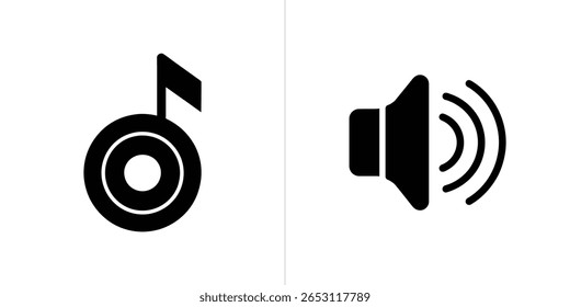 Um gráfico exibindo uma nota musical e um ícone de volume representando ondas sonoras, ambos em silhuetas de preto forte contra um fundo branco nítido, ilustração de design.