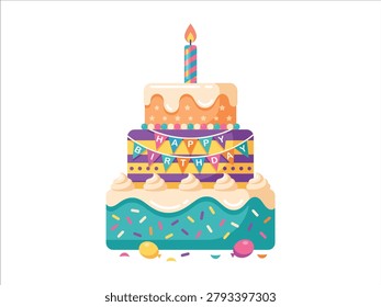 A graphic displaying a three-tiered birthday cake decorated with colorful icing, sprinkles, and a single lit candle. These festive assets are ideal for bakery menus, event party invitations, or celebration greeting cards to represent desserts.