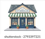 A graphic displaying a traditional bookstore facade with a blue door, striped awning, and potted plants. These architectural assets are ideal for local business directories, literature festival promotions, or neighborhood retail maps to represent bookshops.