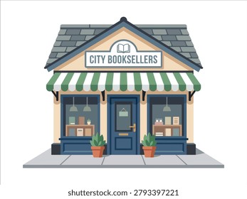 A graphic displaying a traditional bookstore facade with a blue door, striped awning, and potted plants. These architectural assets are ideal for local business directories, literature festival promotions, or neighborhood retail maps to represent bookshops.