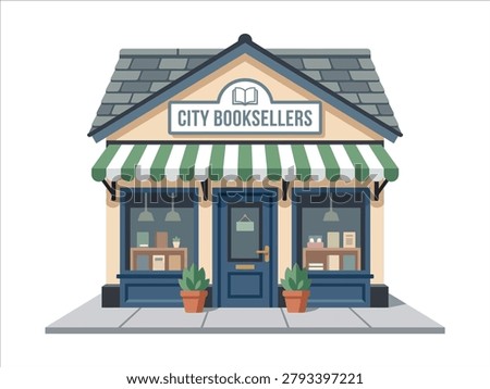 A graphic displaying a traditional bookstore facade with a blue door, striped awning, and potted plants. These architectural assets are ideal for local business directories, literature festival promotions, or neighborhood retail maps to represent bookshops.