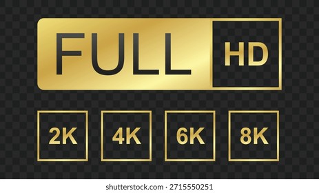 A graphic displaying the words "FULL HD" in a golden rectangle, with smaller golden squares below labeled "2K", "4K", "6K", and "8K", against a checkered background.