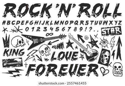 The graphic displays an assortment of rock and roll motifs including guitars skulls stars and bold lettering. It reflects a vibrant musical culture celebrating creativity and rebellion.