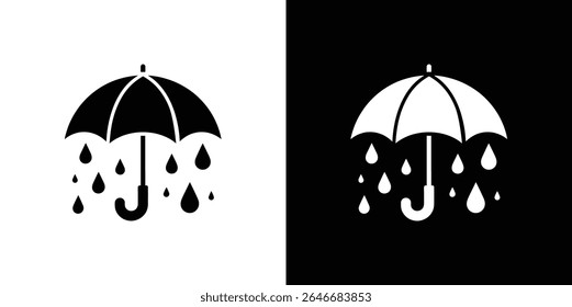 Graphic displays a black umbrella with raindrops on a white background, then the inverse with a white umbrella and raindrops on a black background. Depicts weather icon.