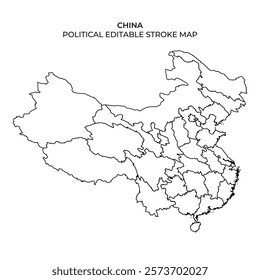 The graphic displays a detailed outline of Chinas political boundaries, highlighting the provinces and regions. The map is suitable for editing and customization, ideal for educational use.