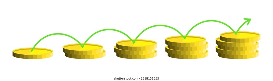 Um gráfico mostra uma sequência de moedas amarelas dispostas em pilhas, ligadas por setas verdes que indicam uma tendência ascendente, simbolizando o progresso financeiro.