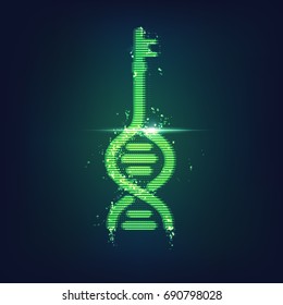 graphic of dna shape combined with a key, concept of biometrics of health care technology 