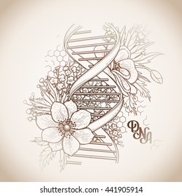 Graphic DNA structure with floral design isolated on grunge background. Chemistry and Genetics subject. Vector elements for scientific and medical research. Tattoo art.