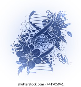 Graphic DNA structure with floral design isolated on white background. Chemistry and Genetics subject. Vector elements for scientific and medical research. Tattoo art in blue colors.