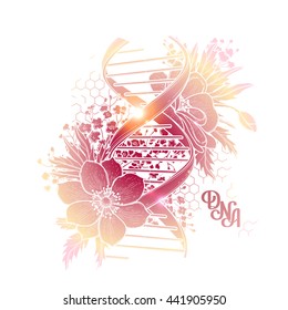 Graphic DNA structure with floral design isolated on white background. Chemistry and Genetics subject. Vector elements for scientific and medical research. Tattoo art in pink colors.