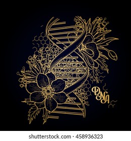 Graphic DNA structure with floral design isolated on black background. Chemistry and Genetics subject. Vector elements for scientific and medical research. Tattoo art in golden colors.
