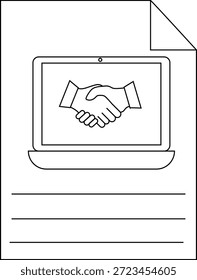 Grafik eines Dokuments mit einem Laptop mit Handshake-Linien zum Schreiben und einer gefalteten Ecke