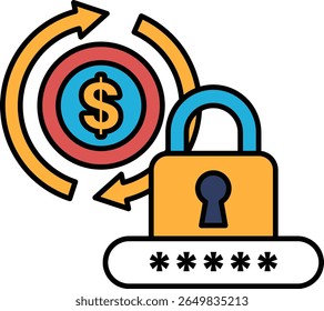 A graphic of a dollar sign with a keyhole and a lock on it. The dollar sign is surrounded by arrows pointing to the left and right. The graphic is meant to represent the concept of security