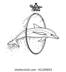 Graphic dolphin jumping through a hoop. Summer water performance. Sea and ocean vector creatures in black and white colors. Vector isolated art. Coloring book page design  for adults and kids