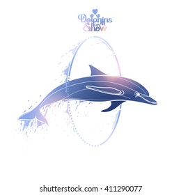 Graphic dolphin jumping through a hoop. Summer water performance. Sea and ocean vector creatures in blue colors. Vector isolated art. Coloring book page design