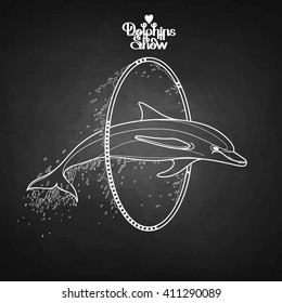 Graphic dolphin jumping through a hoop. Summer water performance. Sea and ocean vector creatures in black and white colors. Vector isolated art