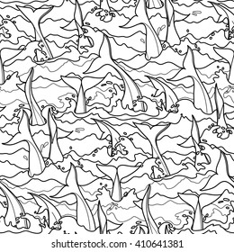 Graphic dolphin seamless pattern. Tails in stormy water. Sea and ocean vector creatures in black and white colors. Coloring book page design for adults and kids