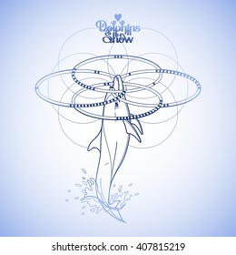 Graphic dolphin whirling four hoops on his nose. Summer water performance. Sea and ocean vector creature in blue colors. Vector isolated art. Coloring book page design