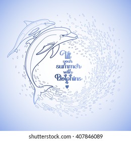 Graphic dolphins with circle of water splashes. Summer mood. Vector isolated art . Sea and ocean creatures in in blue colors. Coloring book page design