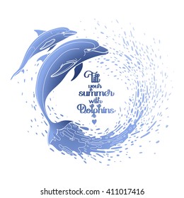 Graphic dolphins with circle of water splashes. Summer mood. Vector art isolated on white background. Sea and ocean creatures in blue colors