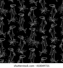 Graphic dolphins whirling hoops on their noses. Summer water performance. Sea and ocean vector creatures in black and white colors. Vector isolated art. Coloring book page design