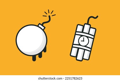 Dibujo gráfico de dibujos artísticos en forma de vectores de bomba de fusión y bomba de tiempo, colores blancos negros, diseño plano. Gran bomba de granada de mimbre con cable de cable de explosión. 