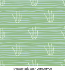 Graphic doodle grasss seamless pattern on stripe background. Nature organic botanical wallpaper. Design for fabric, textile print, wrapping, cover. Simple vector illustration.