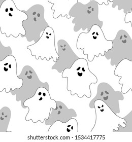 Graphic doodle Halloween seamless repeat pattern with white ghost silhouettes with different faces and gray shadows