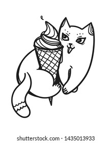 Graphic doodle illustration. The cat licking the ice cream.