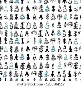 Graphic doodle pattern with Christmas Trees. Graphic style. Seamless ornament for a variety of decorative surfaces.