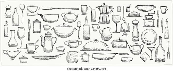 Graphic doodle set of kitchen utensils and tableware, hand drawn art line vector illustration